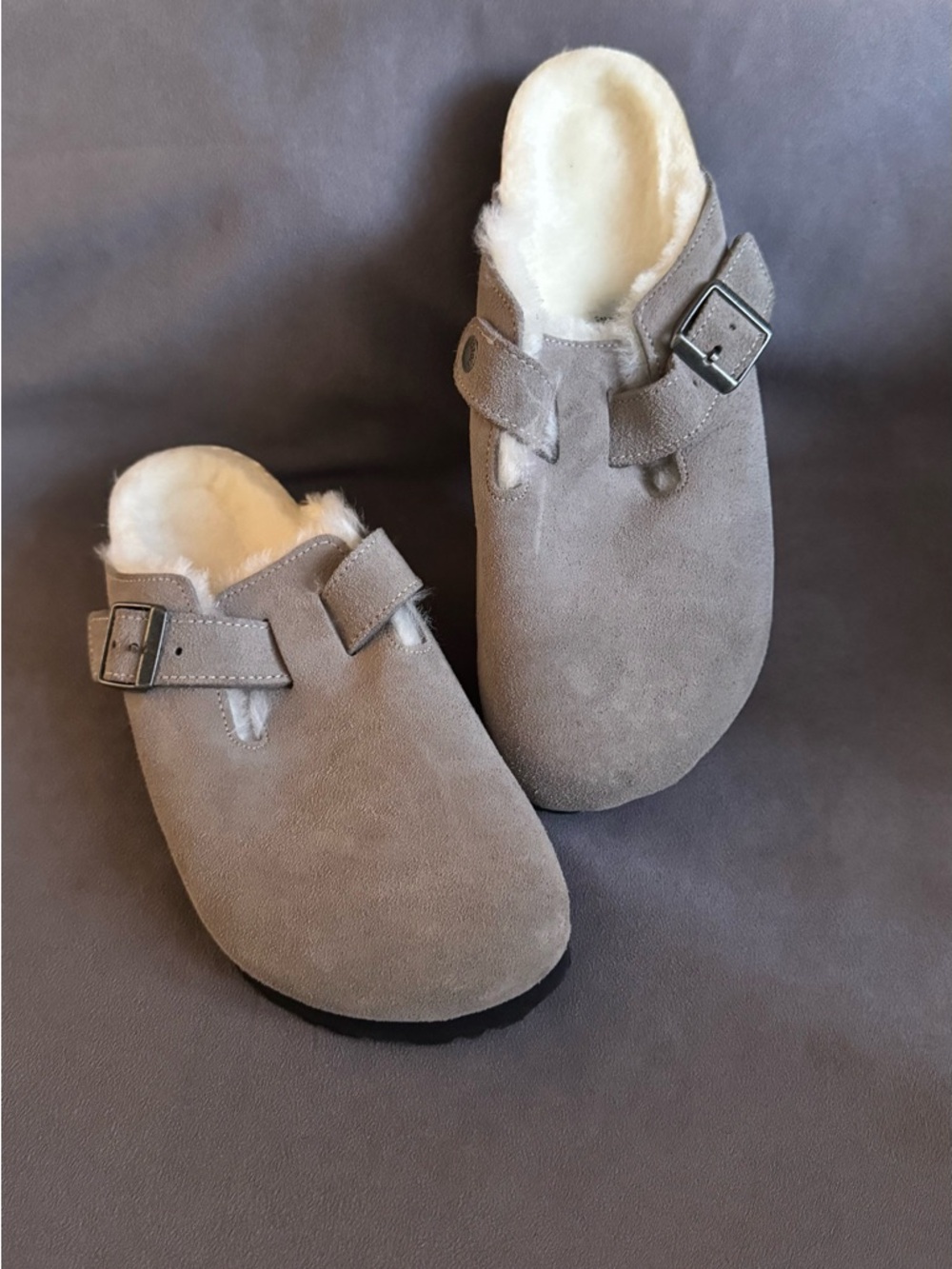 Birkenstock Gray Suede Shearling-Lined Clog Mules